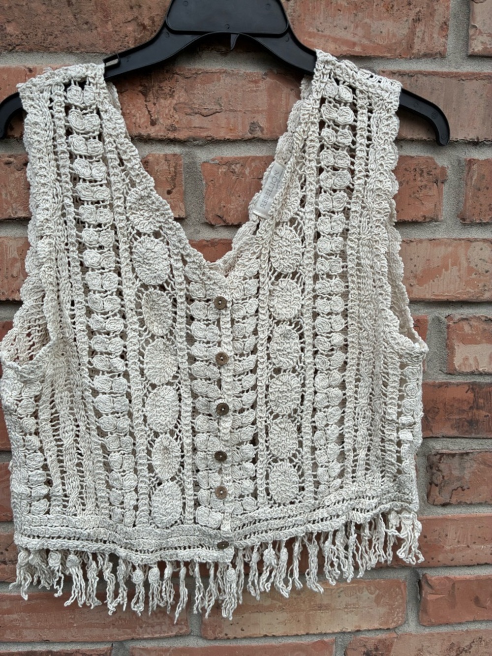 Rebellion Cream Crochet Fringe Button-Front Vest
